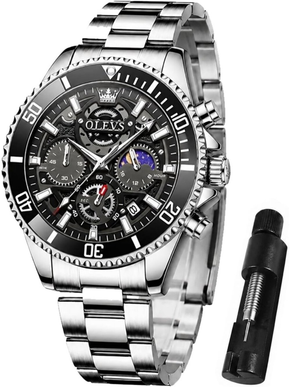 Men's Silver-Black Stainless Steel Waterproof Business Date Dress Wrist Watch